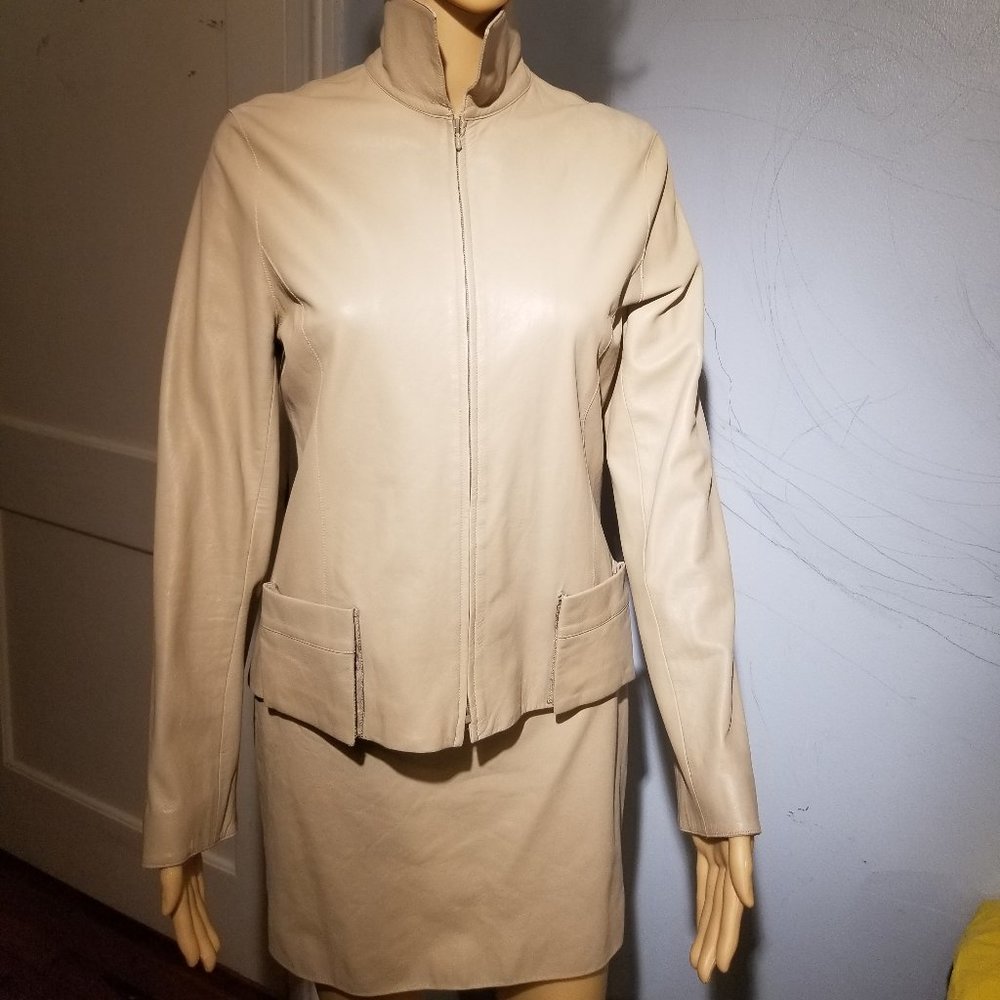 SOLD suit soft leather &silk light coffee JACKET /SKIRT